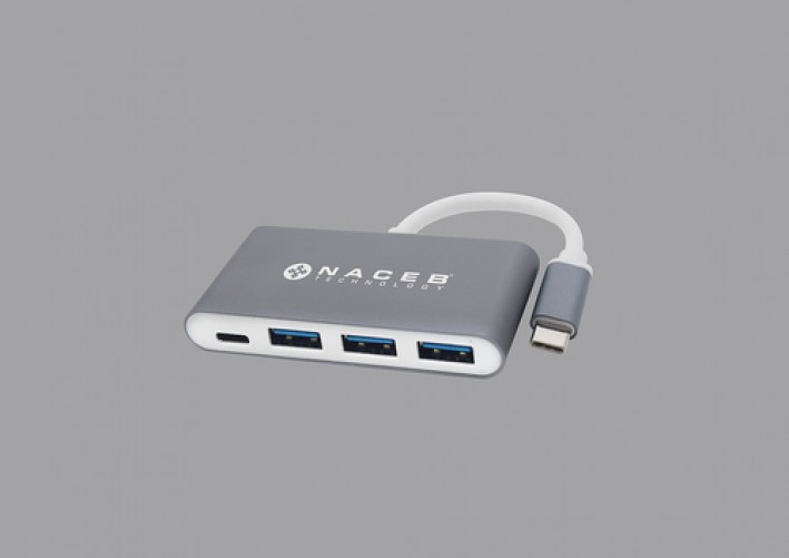 Hub Naceb Technology NA-0112 Interfaz USB 3.2 Gen 1 (3.1 Gen 1) Type-c, 3 USB A 3.1, 1 USB Tipo C, Metal, Cantidad de Puertos 4, Color Plata, Blanco