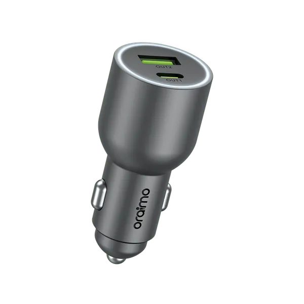 Cargador para Auto Oraimo Powerdrive 7691 Pro, 69W Total, USB-A y Type-c, QC3.0, PD3.0, Anillos LED, Aluminio Cromo.