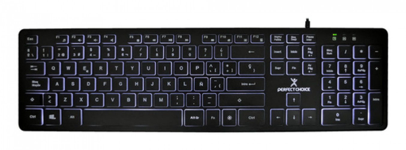 Teclado Perfect Choice PC-201304, Alambrico USB, Espanol, 104 Teclas, Membrana, Retroiluminacion Blanca, Resistente a Derrames.