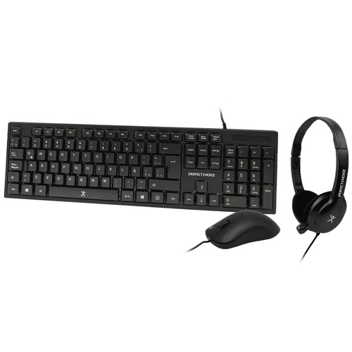 Kit Teclado y Mouse Perfect Choice PC-201717, Alambrico USB, Espanol, 1000 dpi, Negro, Incluye Diadema.