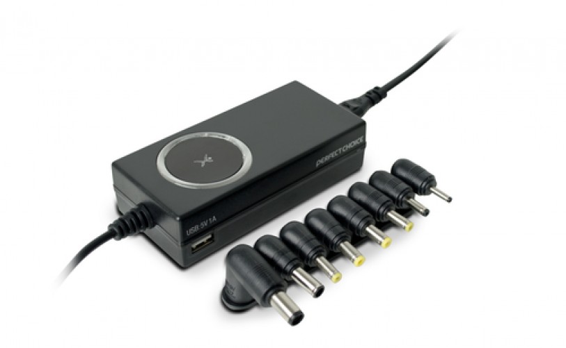 Adaptador de Corriente Perfect Choice PC-240747, Potencia 65 Watts, Puerto USB 5 V 1a, Incluye Siete Puntas Intercambiables, Negro.