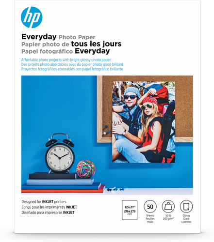Papel Fotografico HP Everyday Glossy, 215.90mm X 279.40mm, Paquete con 50 Hojas, Q8723A