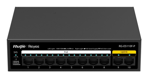 Switch Ruijie Networks RG-ES110F-P No Administrado, RJ-45 10, Fast Ethernet (10/100), 8 PoE, Negro
