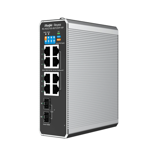 Switch Ruijie Networks RG-NIS2100 Gestionado, L2, RJ-45 8, Gigabit Ethernet (10/100/1000), (PoE +) 8, 8 PoE, Negro, Acero Inoxidable