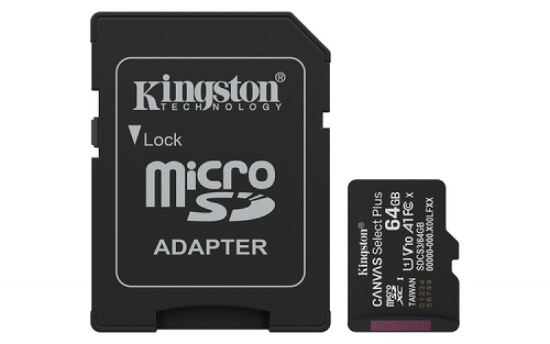 Memoria Micro SD Kingston 64GB, Technology Canvas Select Plus Gen3, Velocidad 100 MB/s, Clase 10