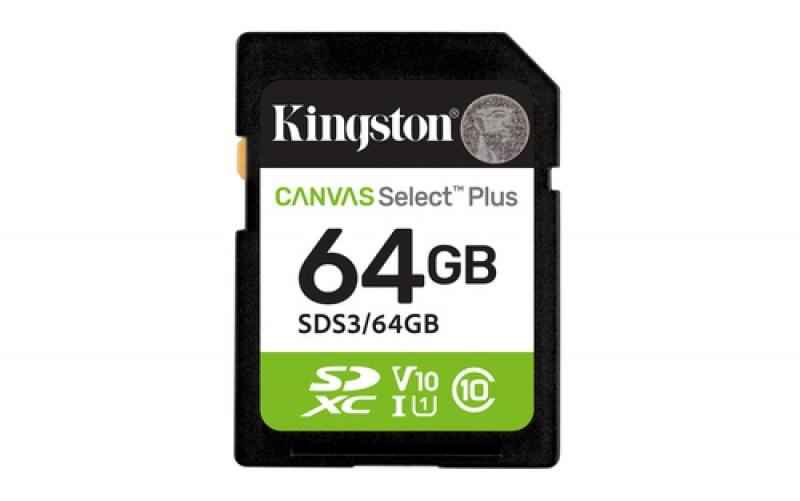 Memoria SD Kingston 64GB, Technology Canvas Select Plus Gen3, Velocidad 100 MB/s, Clase 10