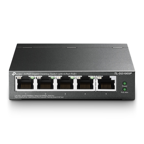 Switch TP-Link TL-SG1005P, 5XRJ45 Gigabit Ethernet, 4 Puertos Poe+, 65W