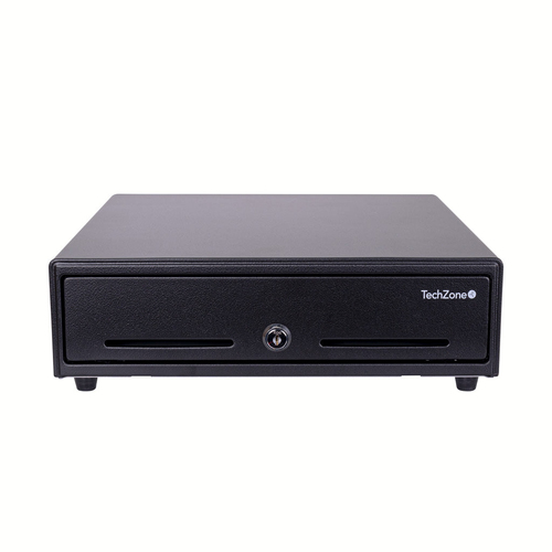 Cajon de Dinero para Punto de Venta Techzone, RJ11, 4 Compartimentos para Billetes y 8 para Monedas, Negro, (TZBE4B8M90)