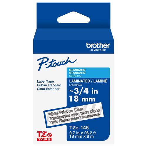 Cinta Brother TZE145G Blanco Sobre Transparente, 1.8 cm, 8 m