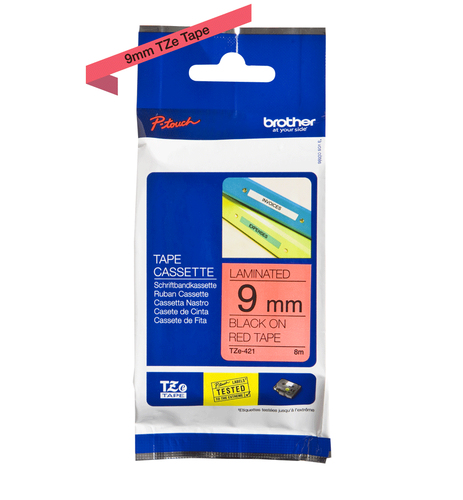 Cinta Brother TZE421G Negro Sobre Rojo, 9 mm, 8 m